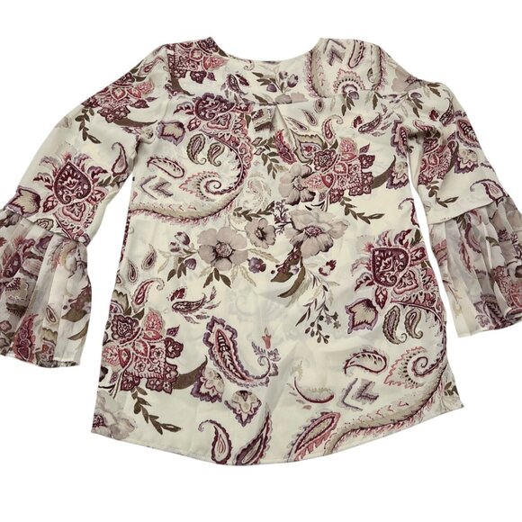 Chicos 0 small Boho Paisley Floral Print Sheer Bell Sleeve Blouse Top - Cream/Pu - Picture 4 of 4